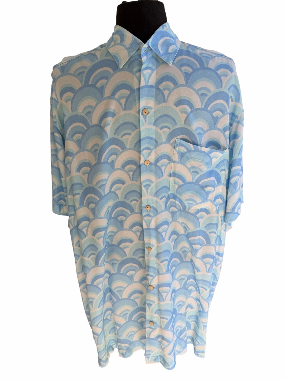 Kenny Flowers Aqua Wave Print Short-Sleeve Button Up Rayon Shirt Size XXL
